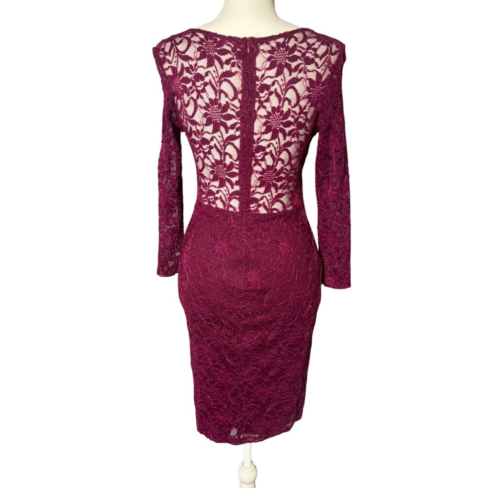 Burgundy Floral Lace Long Sleeve Bodycon Sheath Dress XS Cocktail Wedding Guest - Picture 3 of 9